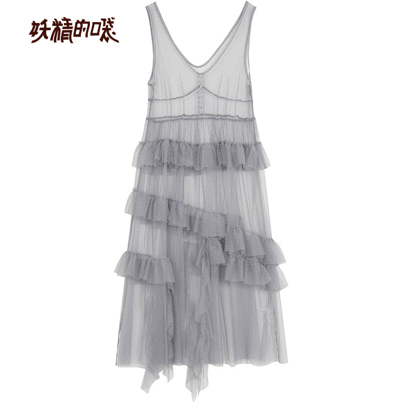 妖精的口袋很仙的连衣裙夏款网纱2019新款女超仙气质中长款雪纺裙_1 M 迷雾灰色