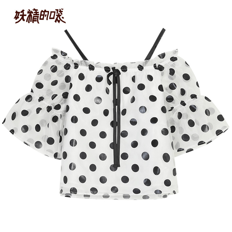 妖精的口袋吊带露肩波点蕾丝雪纺衫2019夏季新款女很仙的上衣洋气_1 L 黑白空间色
