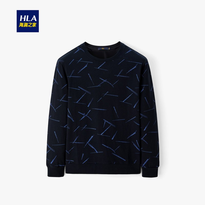HLA/海澜之家时尚花纹款长袖T恤2019秋季圆领提花长T男 HNTAD3R052A 藏青花纹52 185/100A/XXL