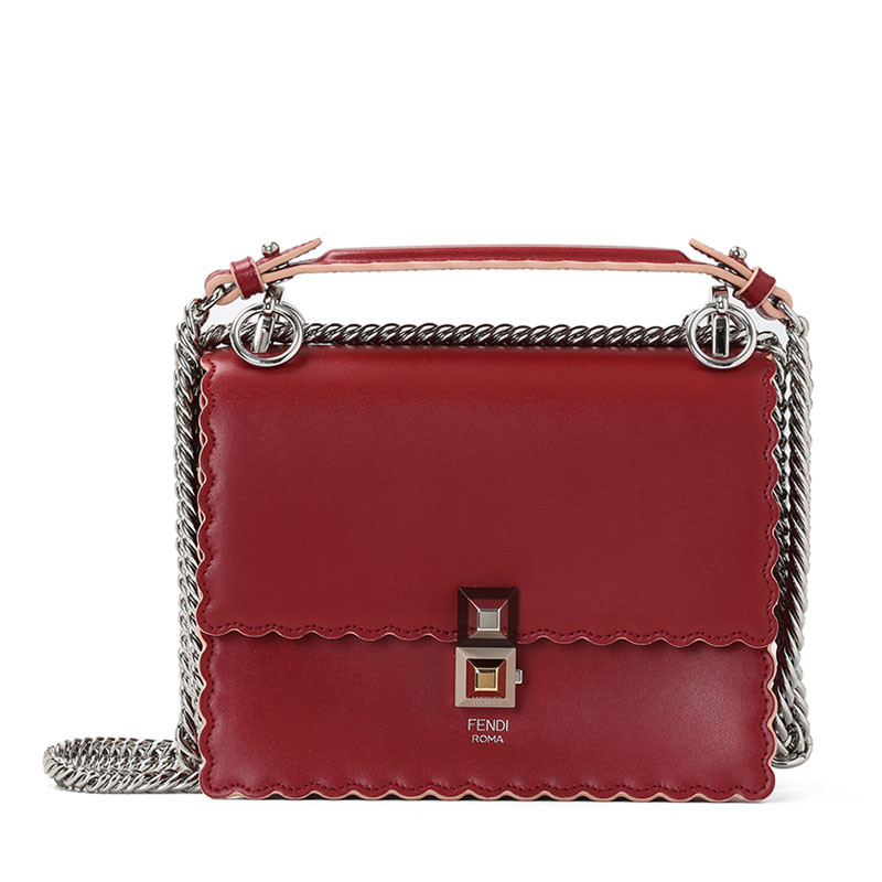 FENDI/芬迪 女包KAN I 双色铆钉扇形边小号手拎斜挎包 8M0381 红色