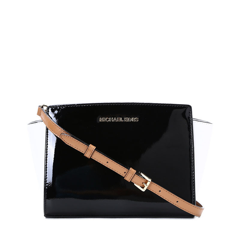 Michael Kors/迈克·科尔斯 女士SELMA亮皮拼色斜挎包 30T7GLMM2A 黑色
