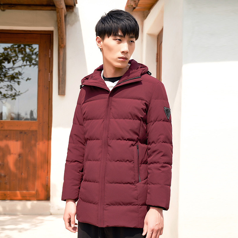 千仞岗男士中长款商务休闲纯色连帽羽绒服外套229627 195/5XL 富贵红