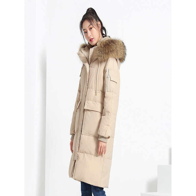 千仞岗韩版加厚中长款羽绒服女冬长款过膝大毛领廓形外套239725 175/XL 流星咖