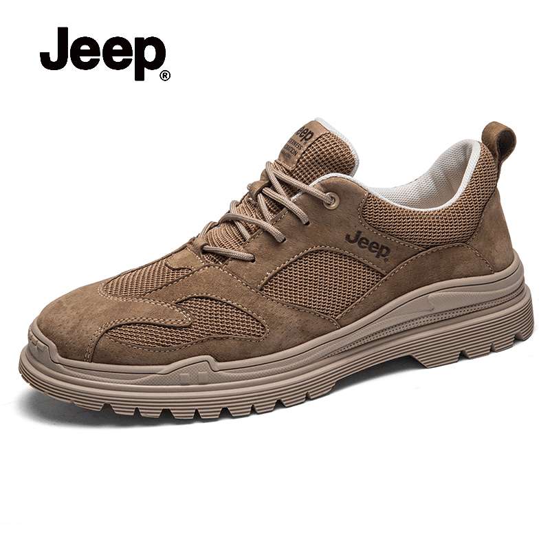 JEEP/吉普2019新款男鞋夏季潮流透气网面鞋男士休闲真皮复古板鞋_1 卡其 40