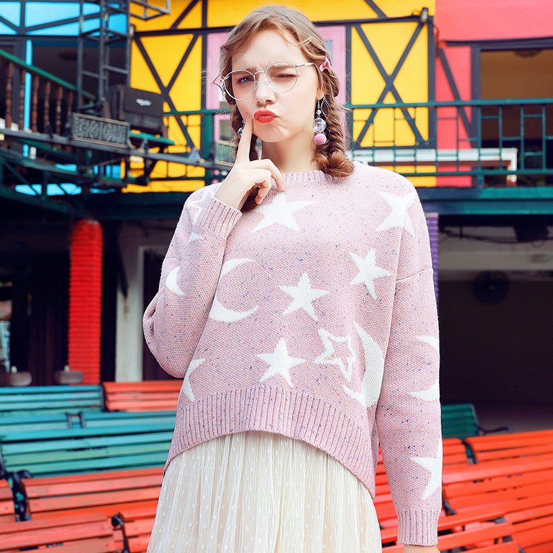 女生秋季上衣慵懒风网红星月毛衣女2019新款宽松韩版粉色针织衫秋 S 粉色