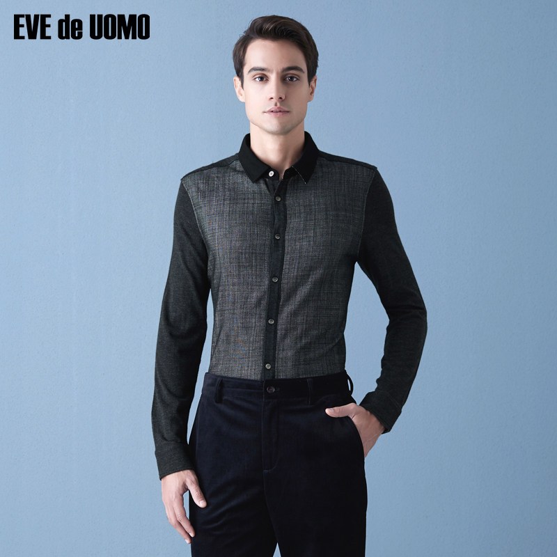 EVEdeUOMO/依文男T恤秋季衬衫领拼接羊毛长袖T恤 70A 黑色