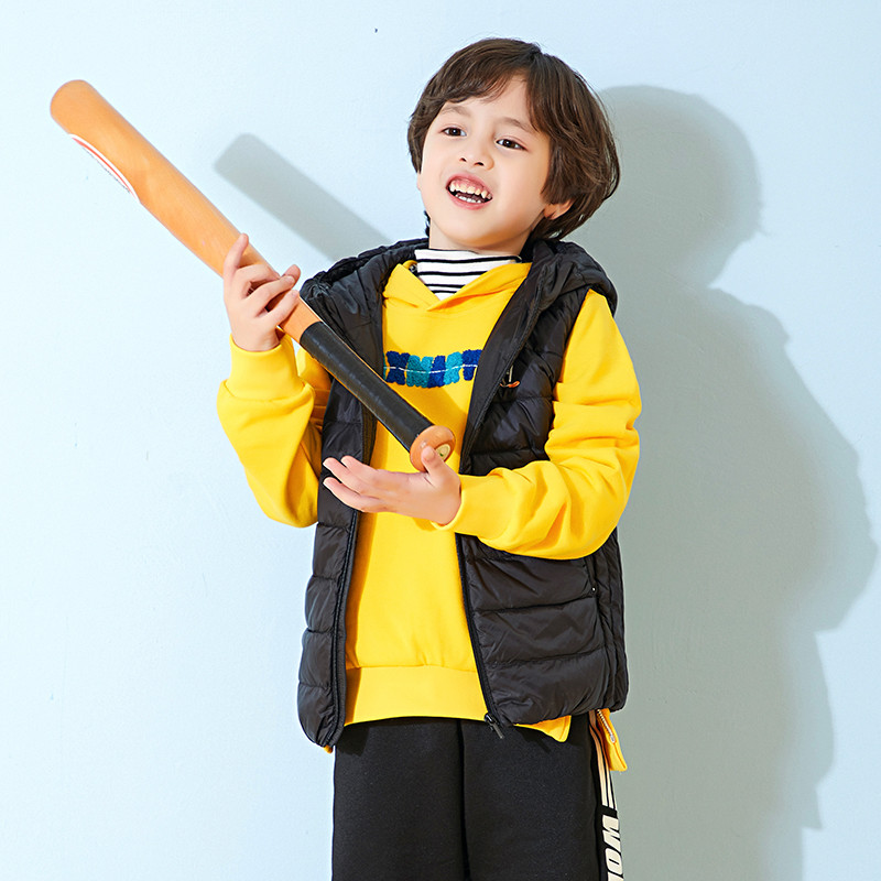 千仞岗2019新品童装羽绒马甲男童女童纯色连帽羽绒239801 160 魔力黑