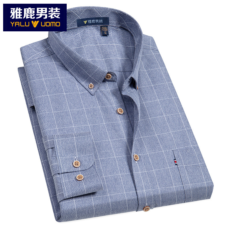 雅鹿男装长袖休闲衬衣棉混纺亲肤舒适格子男士长袖衬衫153D1902 B8(蓝灰格) 41