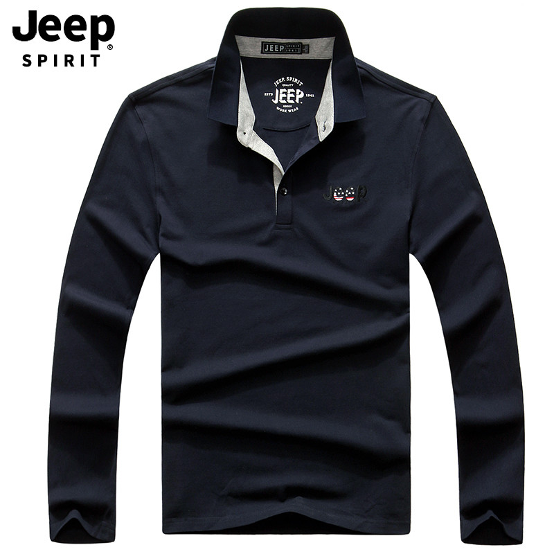 JEEP/吉普秋季长袖T恤男翻领商务时尚休闲简约纯色百搭男士长袖T恤打底衫A245 M 蓝色