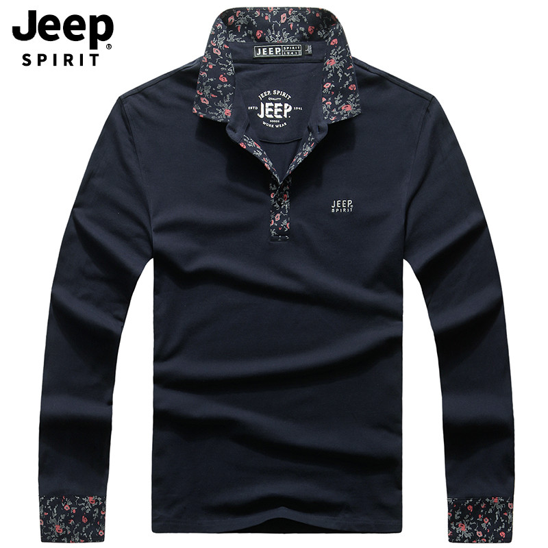 JEEP/吉普男士长袖t恤男2019新品翻领套头商务休闲男装打底polo衫A245 M 蓝色