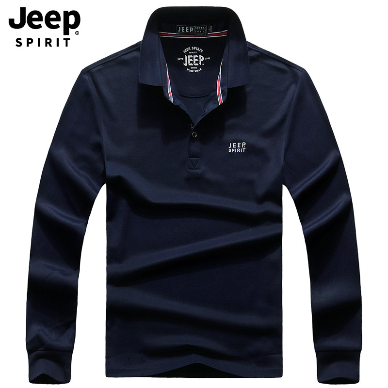 JEEP/吉普长袖t恤男士2019秋季新款衣服青年翻领体恤POLO衫商务休闲男装打底衫A245 L 蓝色