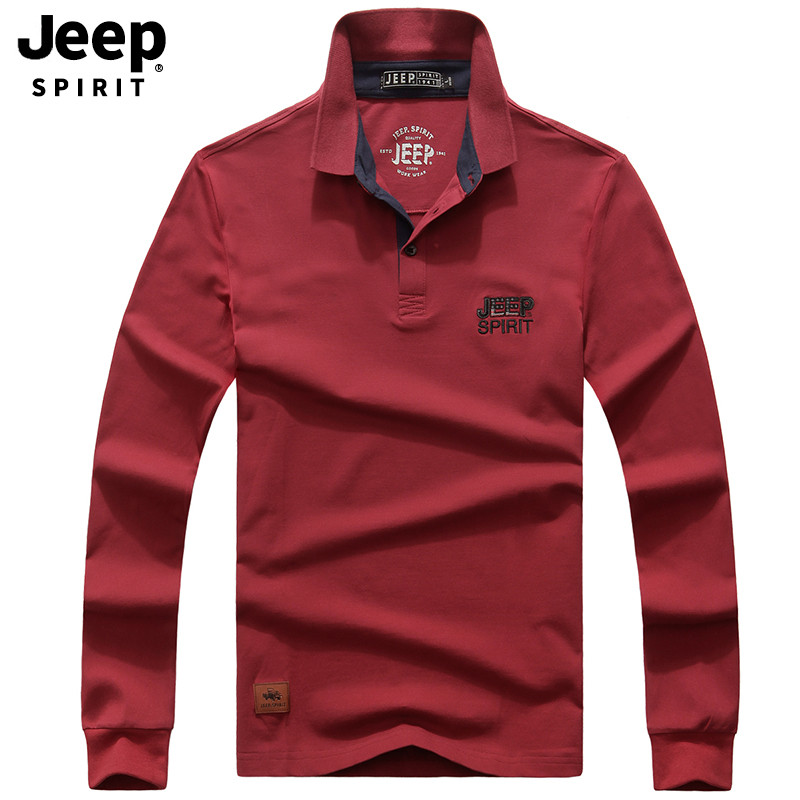 JEEP/吉普长袖t恤男士2019秋季新款青年翻领体恤POLO衫商务休闲男装打底衫A245 XL 红色