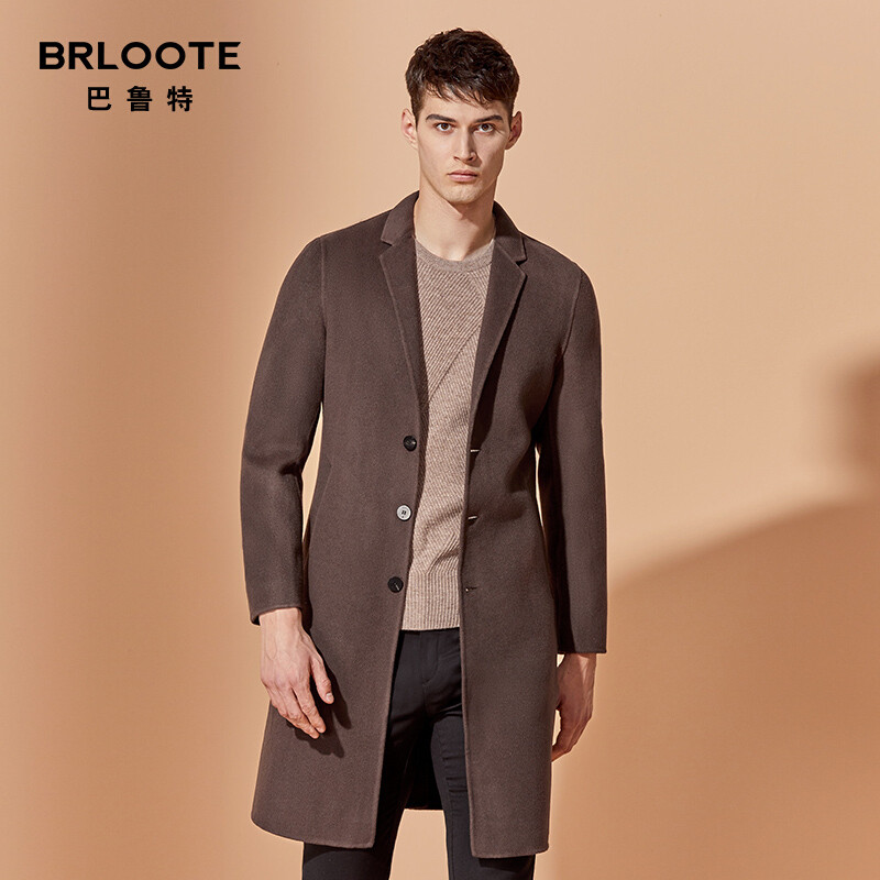 Brloote/巴鲁特双面呢大衣男中长款时尚休闲毛呢外套2019秋冬高品质羊毛上衣 165/88A 卡其