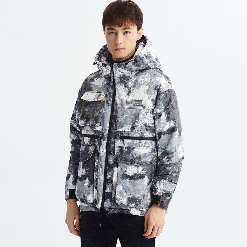 雪中飞羽绒服男秋冬新款工装男生帅气轻薄连帽迷彩青少年宽松外套_1 190/104A 迷彩灰
