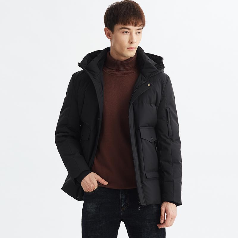 雪中飞男士羽绒服短款韩版宽松学生连帽工装青少年帅气羽绒外套潮_1 175/92A 黑色