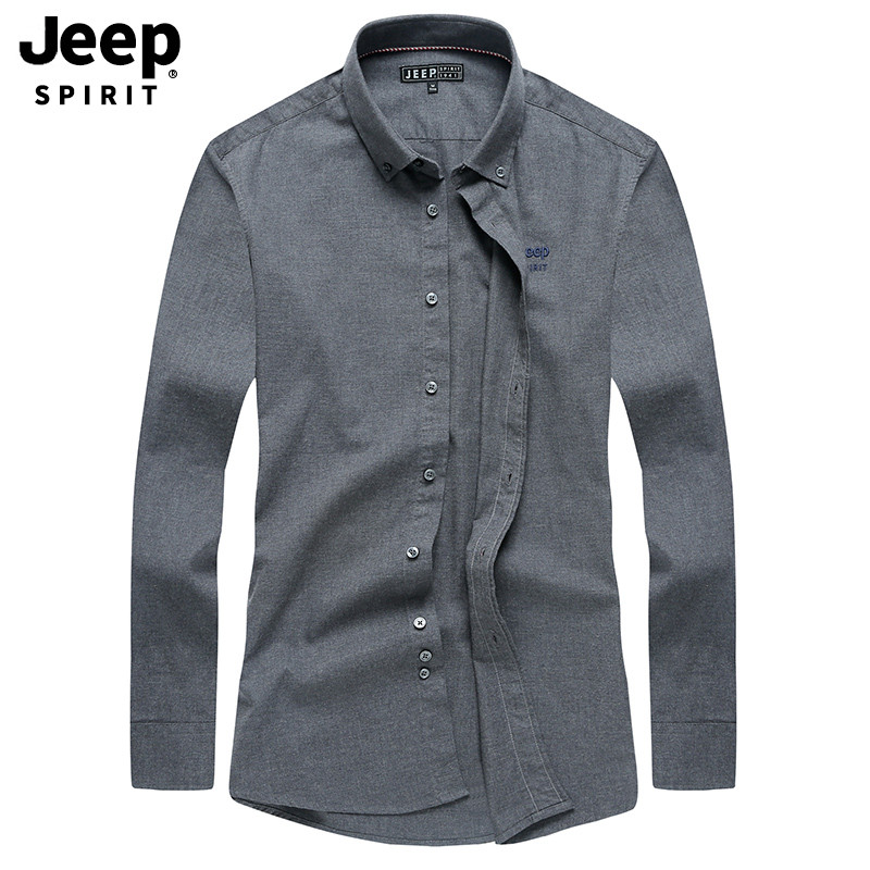 JEEP/吉普秋季男士休闲衬衫男休闲衬衣外套商务休闲男装寸衣简约纯色男士衬衫A245 M 深灰
