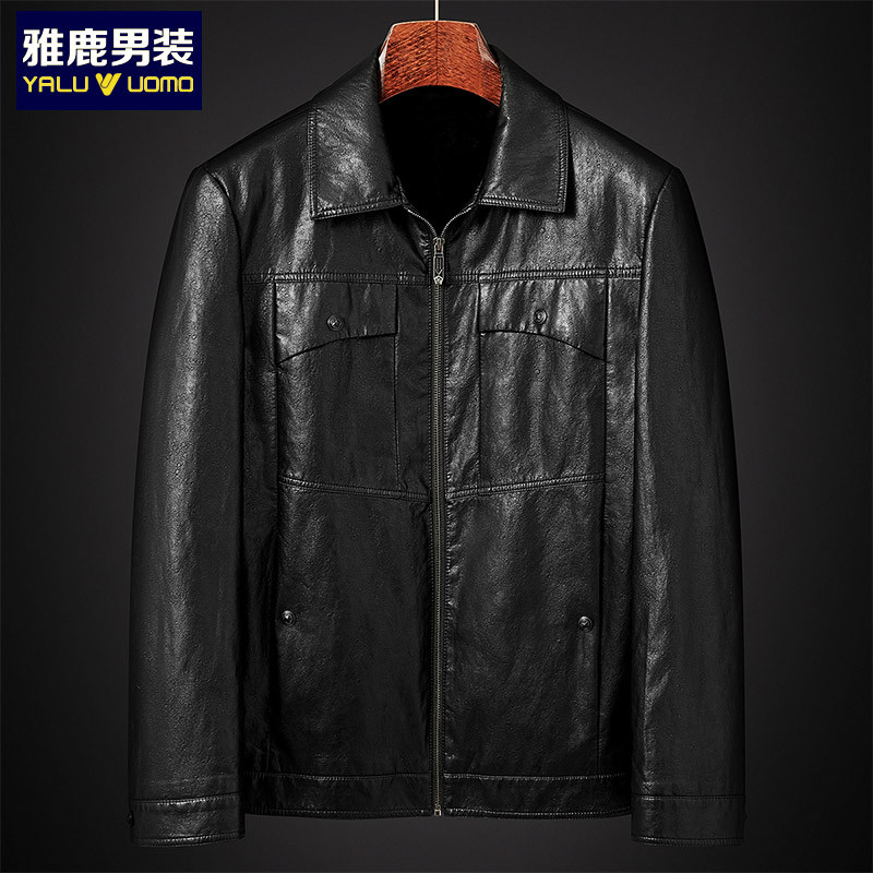 雅鹿男装冬季上新商务休闲翻领内里加绒保暖男士皮衣外套11030813 S1(黑色) 56