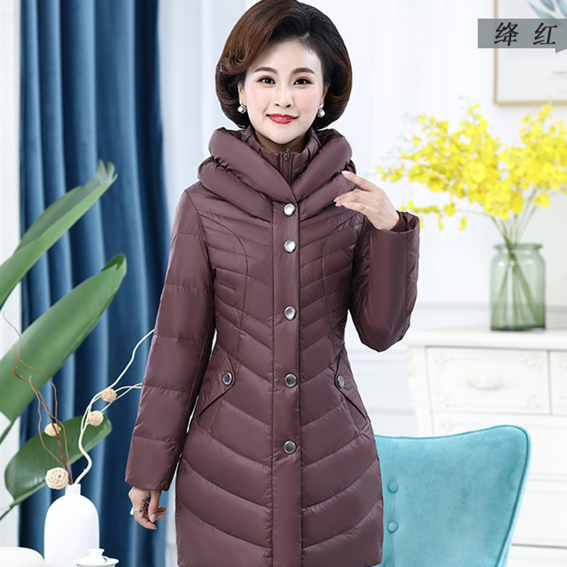 雪暖中年女士羽绒服女中长款韩版修身新款妈妈装冬装外套 160 绛红