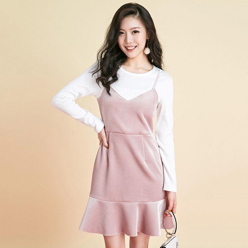 7M吊带针织连衣裙女新款修身气质韩版显瘦假两件吊70009452 浅灰粉 M建议(105斤-115斤)