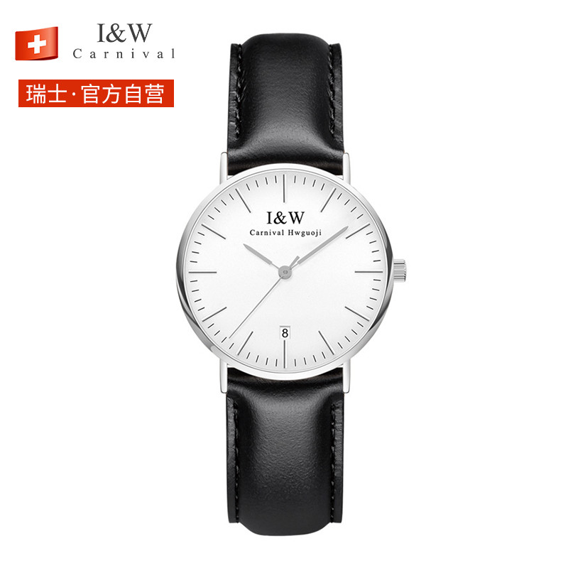原装进口爱沃驰IW手表瑞士男女情侣手表简约防水石英表 黑皮白钢女