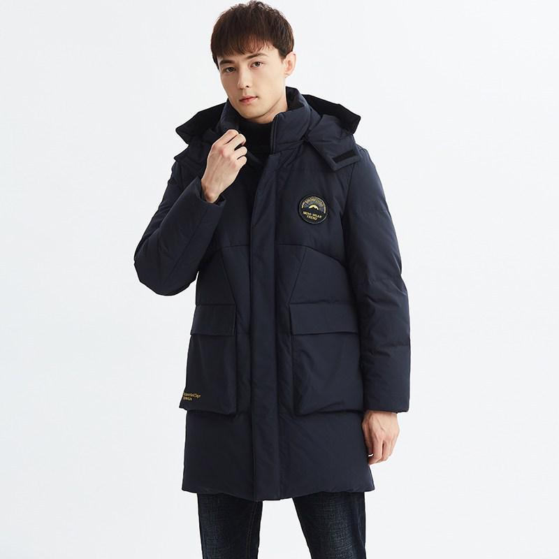 雪中飞反季男士工装羽绒服2019冬装中长款连帽保暖外套休闲男装潮_1 190/3XL 蓝色