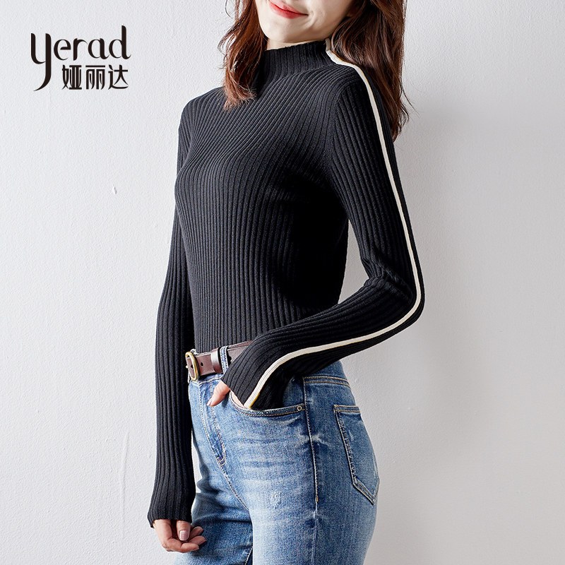 娅丽达女装羊毛打底衫2019秋冬新款韩版显瘦拼色高领毛衣保暖衣 M 黑色A0