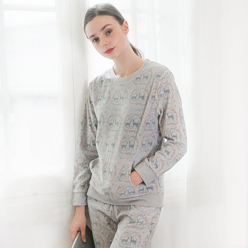 爱帝秋新款长袖睡衣女可出门摇粒绒居家服中厚圆领卫衣裤套装 M 浅灰