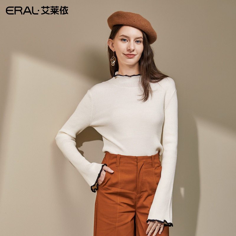 艾莱依2019秋季新款潮流个性花边设计修身圆领套头衫_1 170 暖白色