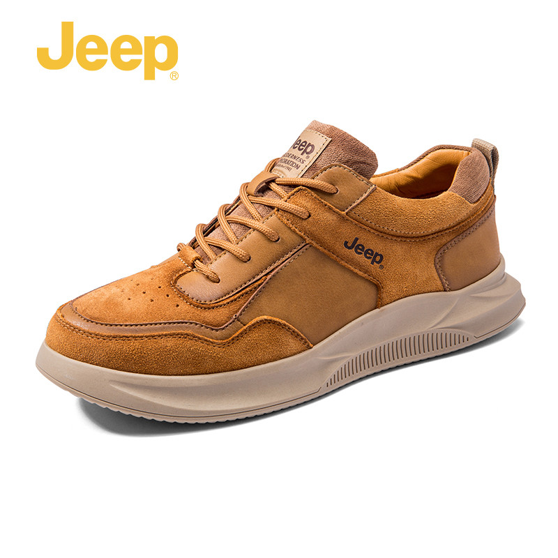 Jeep吉普男鞋运动休闲鞋轻质耐磨时尚潮流反绒皮男鞋 驼色 43码