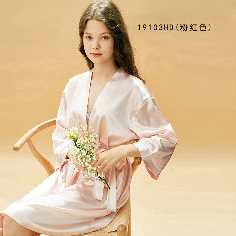 歌瑞尔绑绳睡衣女夏薄款结婚婚庆新娘晨袍睡裙睡袍家居服19103HD S 粉红色