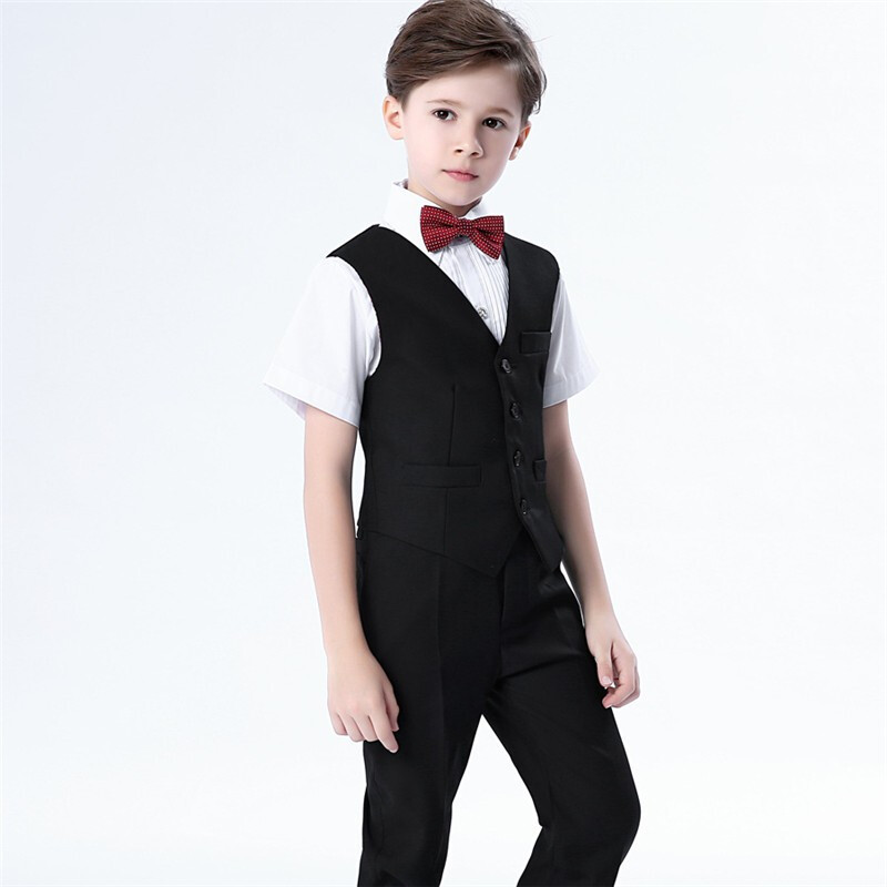 迪鲁奥（DILUAO) 儿童礼服男婚礼花童马甲钢琴演出服春季宝宝表演服男童小西装套装 黑色短袖四件套【马甲+衬衫+裤子+领结】 130码/建议身高125厘米左右