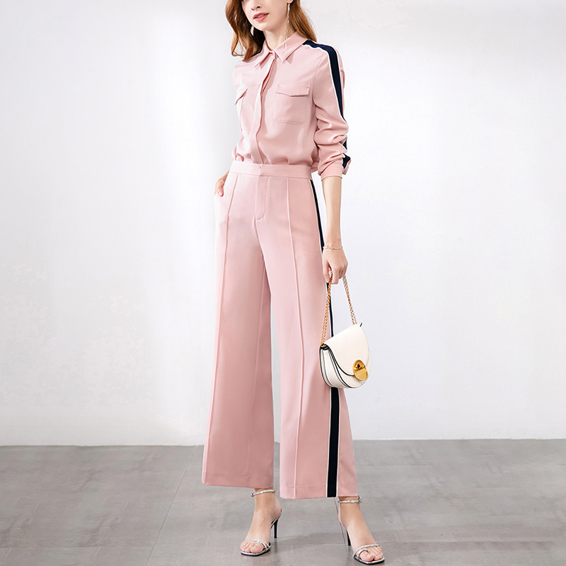 晚白2019夏季新品条纹翻领长袖衬衫高腰阔腿裤长裤职业两件套装女 S 粉色