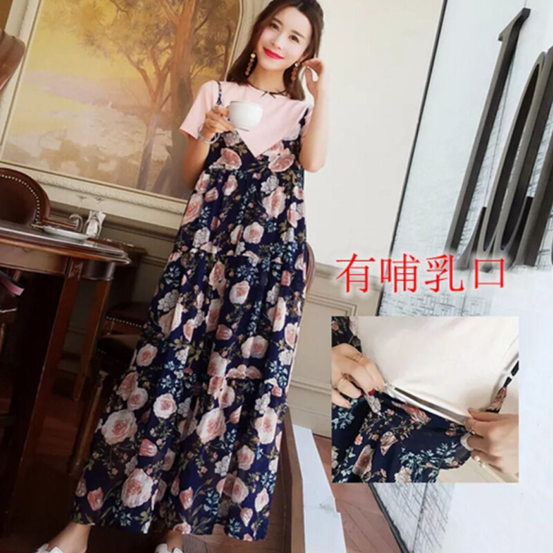 迪鲁奥（DILUAO)孕妇装夏装短袖连衣裙韩版宽松大版中长款碎花雪纺吊带连衣裙短袖T恤两件套装长裙时尚圆领长款怀_271 套装可哺乳 XL（建议120-135