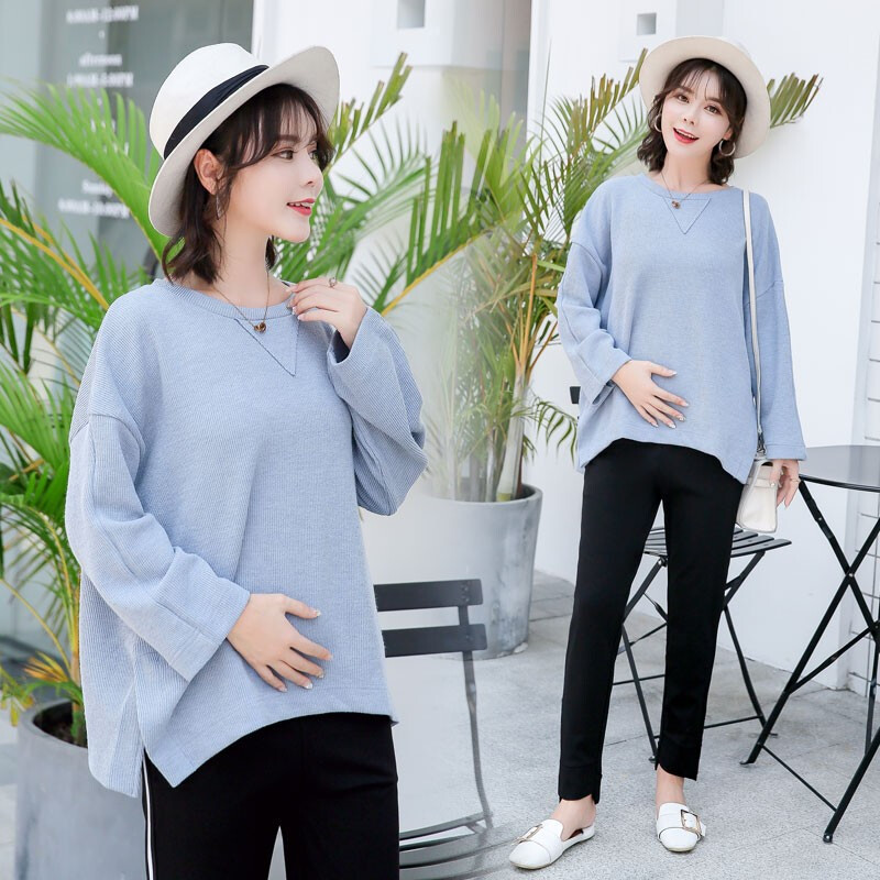 迪鲁奥（DILUAO)孕妇裤子春秋季外出新款时尚托腹打底裤宽松透气孕妇装秋冬装休闲舒适上衣套装_106 蓝色 L