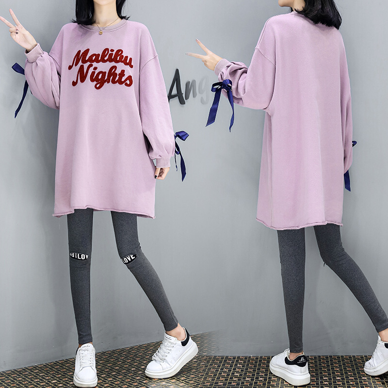 迪鲁奥（DILUAO)儿童乐园孕妇秋装套装时尚款2019新款两件套秋季中长上衣宽松长袖T恤 8846紫色-单上衣 XL