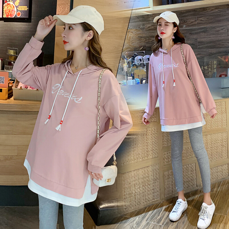 迪鲁奥（DILUAO)孕妇装秋装时尚套装长袖T恤宽松外出2019新款韩版两件套连帽孕妇上衣 单件上衣---粉色 XL