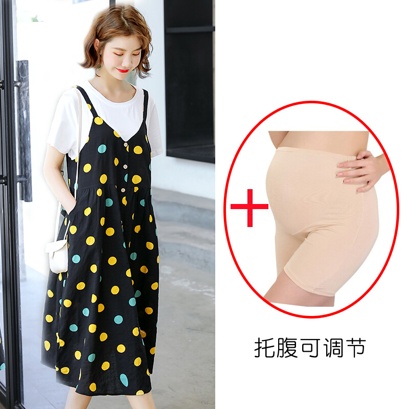 迪鲁奥（DILUAO)孕妇装夏装连衣裙套装中长款过膝宽松夏天裙子2019新款时尚加大码孕妇裙_888_79 深蓝裙+肤色安全裤 XXL【一般建议140-165斤】