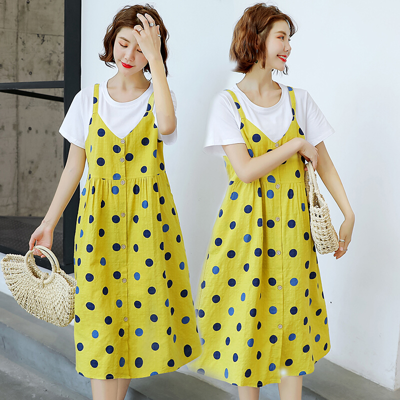 迪鲁奥（DILUAO)孕妇装夏装连衣裙套装中长款过膝宽松夏天裙子2019新款时尚加大码孕妇裙_888_79 黄色【单件裙】 XXL【一般建议140-165斤】