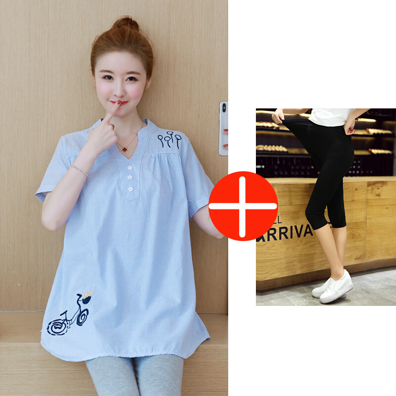 迪鲁奥（DILUAO)孕妇装夏装套装2019新款韩版短袖孕妇衬衫时尚夏季两件套怀孕期 蓝色上衣+黑色裤 XXL【一般建议155-170斤】