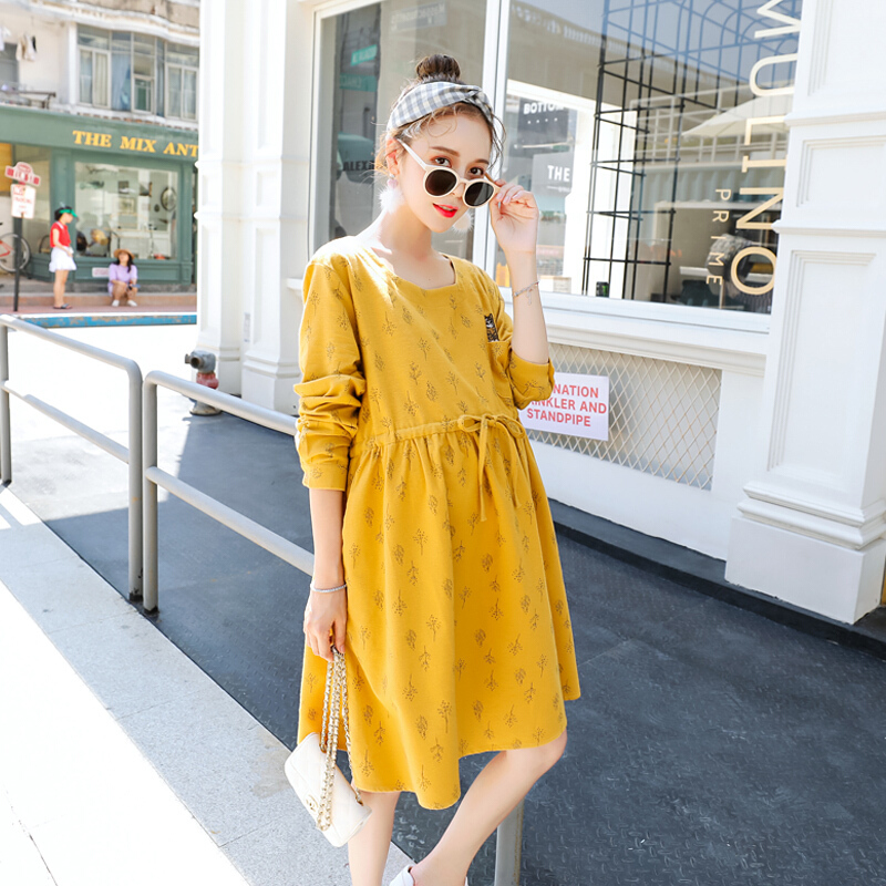 迪鲁奥（DILUAO)孕妇装秋装孕妇裙时尚款2019新款韩版宽松孕妇连衣裙中长款怀孕期上衣_747 黄色 XL