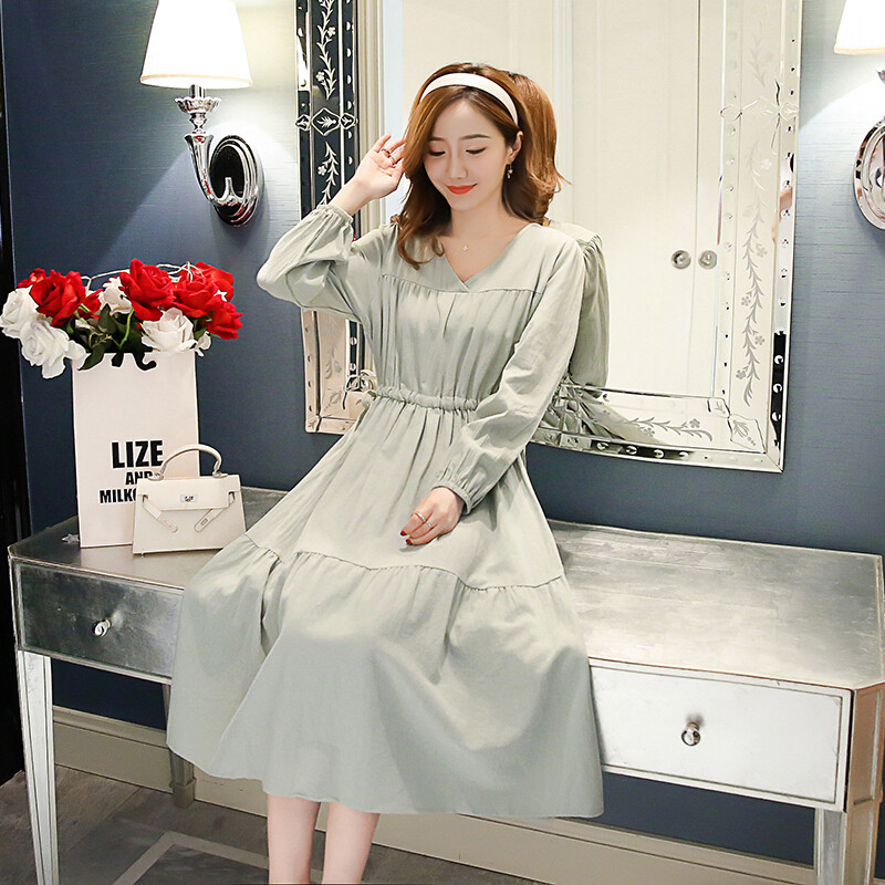 迪鲁奥（DILUAO)孕妇裙2019时尚秋季长袖连衣裙中长款外出女辣妈A字裙春秋孕妇裙_277 浅绿色 L