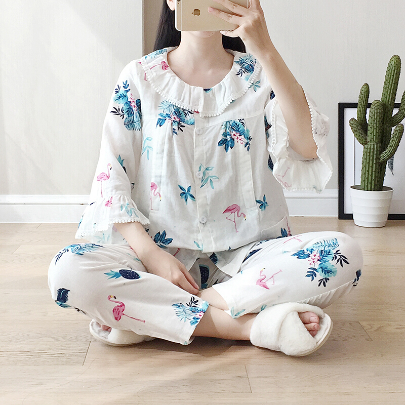 迪鲁奥（DILUAO)月子服春夏秋纯棉纱布七分袖产妇产后哺乳期喂奶睡衣孕妇宽松大码 绿色七分袖树叶 M