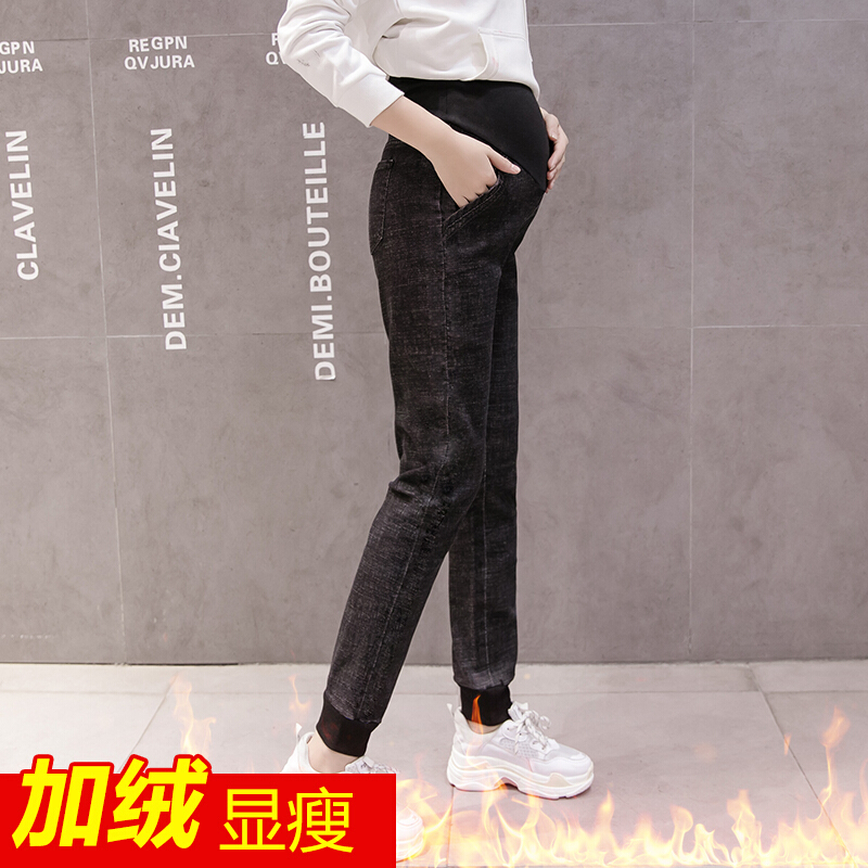迪鲁奥（DILUAO)孕妇裤子秋冬外穿束脚长裤托腹孕妇牛仔裤冬季时尚运动裤加绒长裤_862 黑色净色加绒款 M