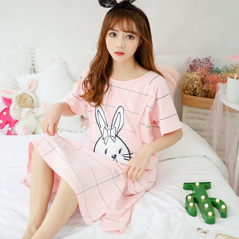 迪鲁奥（DILUAO)短袖孕妇裙夏季薄纯棉月子裙产后外出哺乳裙宽松喂奶裙大码连衣裙_127 方格兔裙-J206 M