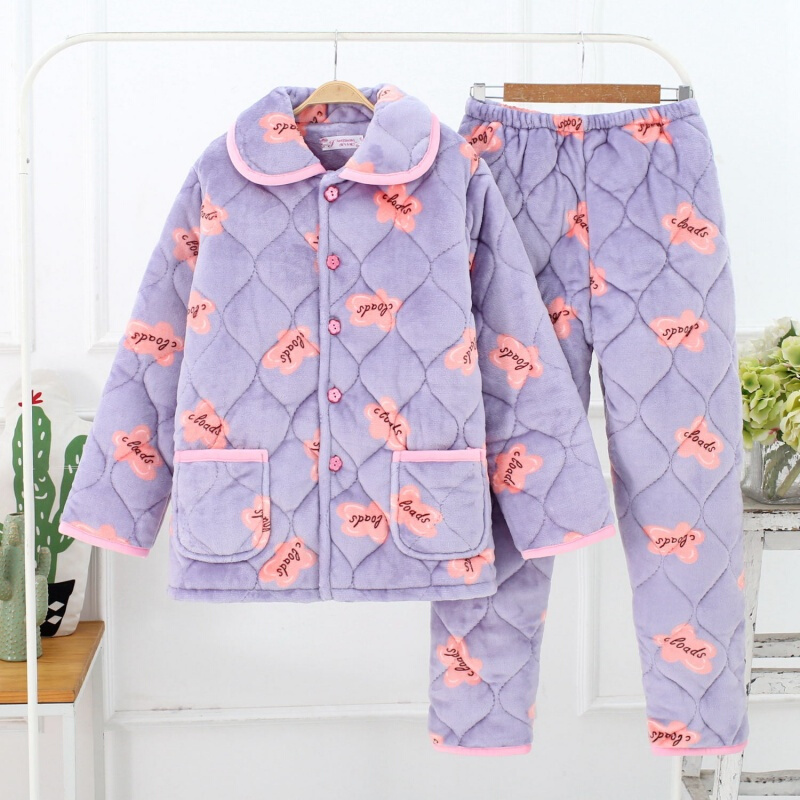 迪鲁奥（DILUAO)女冬季夹棉加厚睡衣纯棉月子服法兰绒夹棉三层保暖家居服套装睡袄_521 粉云朵 XXXL建议体重145-165斤