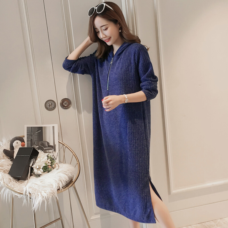 迪鲁奥（DILUAO)孕妇裙子春秋时尚宽松外出A字裙连帽中长款针织打底秋孕妇连衣裙_433 蓝色 M