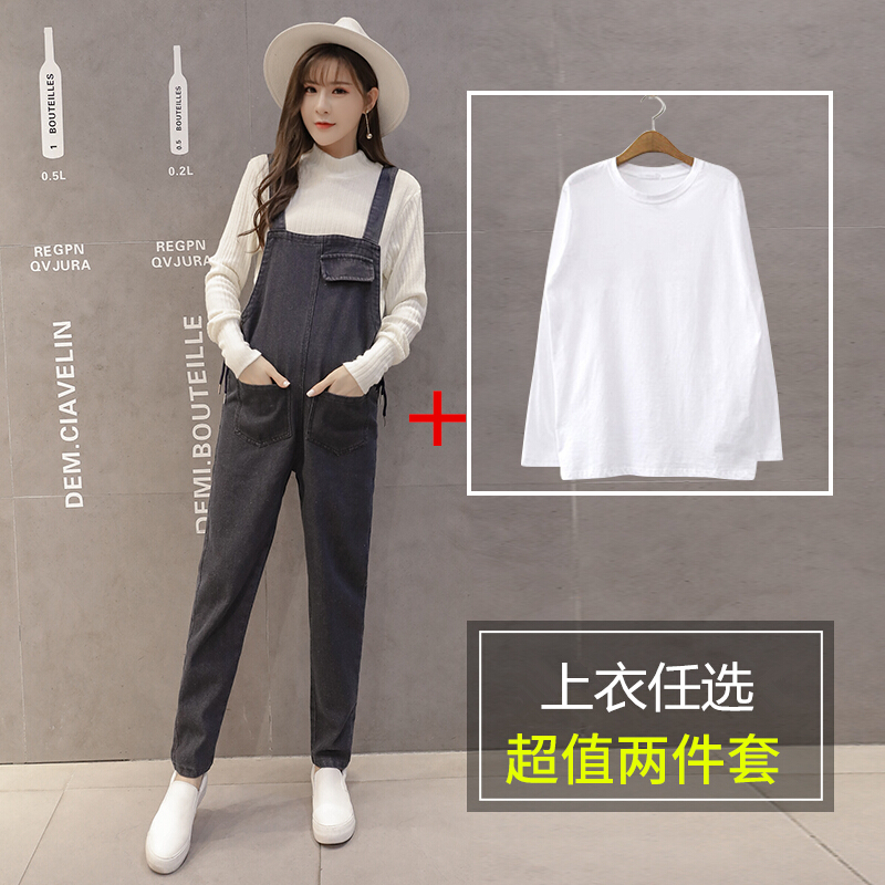 迪鲁奥（DILUAO)孕妇连体裤春秋新款时尚洗水牛仔背带裤宽松春秋外穿孕妇两件套装 黑色单裤 L