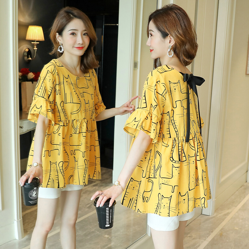 迪鲁奥（DILUAO)孕妇夏季时尚套装2019夏天薄款两件套孕妇喇叭袖娃娃衫+托腹短裤_848 白色上衣 XL