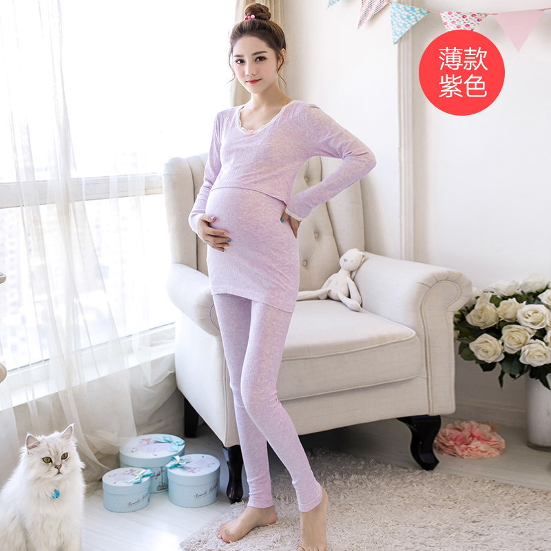 迪鲁奥（DILUAO)孕妇秋衣秋裤套装产后哺乳怀孕期喂奶加绒加厚美体睡衣保暖内衣冬 薄款黑色 均码_443 薄款紫色 默认尺寸