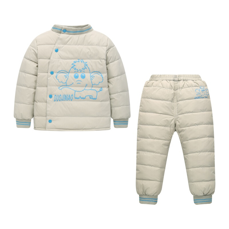 迪鲁奥（DILUAO)反季儿童羽绒服套装加厚款男女宝宝保暖内胆婴儿装两件冬 螺纹领米灰色套装 90cm